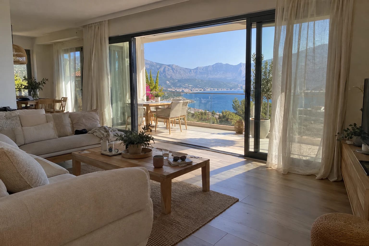 Deniz manzaralı yazlık salonunda açık meşe laminat parke